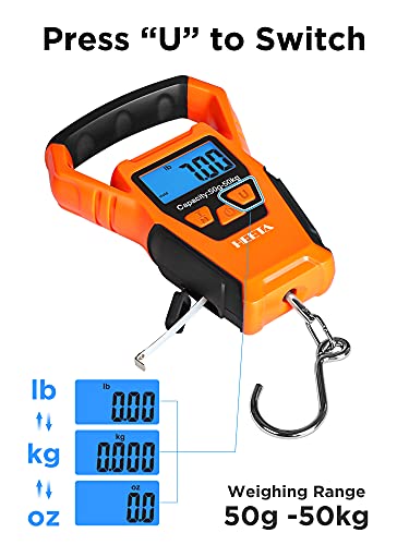 Heeta Waterproof Fish Scale Digital With Backlit Lcd Display, 110Lb/50Kg Portable Hanging Scale Fishing Scale For Home And Outdoor, Measuring Tape And 2 Aaa Batteries Included (Orange) #TOP4