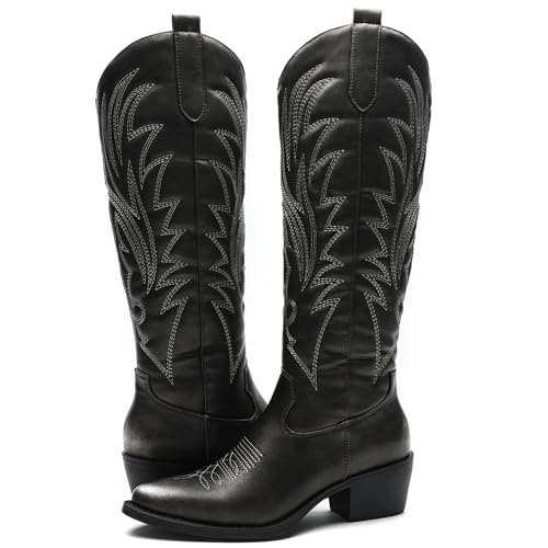 GLOBALWIN Women's The Western Cowboy Cowgirl Embroidered Knee High Boots, 23yy12 Brushed Silver2, 9