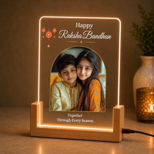 Image of Personalized Raksha Bandhan Acrylic LED Lamp with Custom Photo (Design 4) | Night Light, Brother Sister, Free Rakhi Included, Custom Photo