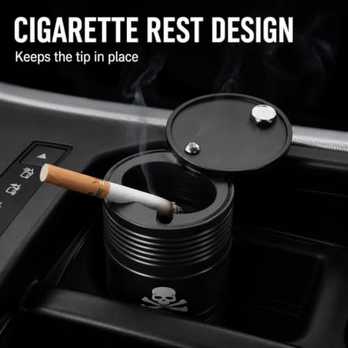 Image of Car Ashtray with Lid Smell Proof Ash Tray, Portable ashtray for car cup holder (Black, Skull Pattern)