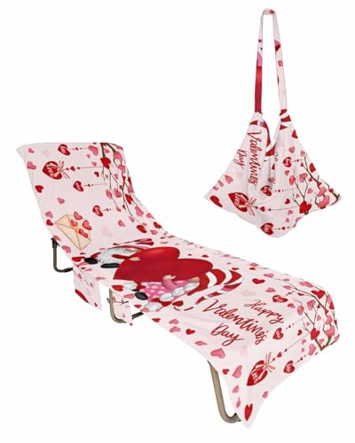 Gnomes Love Beach Chair Towel Covers for Chaise Lounge with Side Pocket, Soft Plush Pool Towels Cover for Patio Sunbathing Outdoor 29''x85'' Romantic Valentine's Red Heart Branches