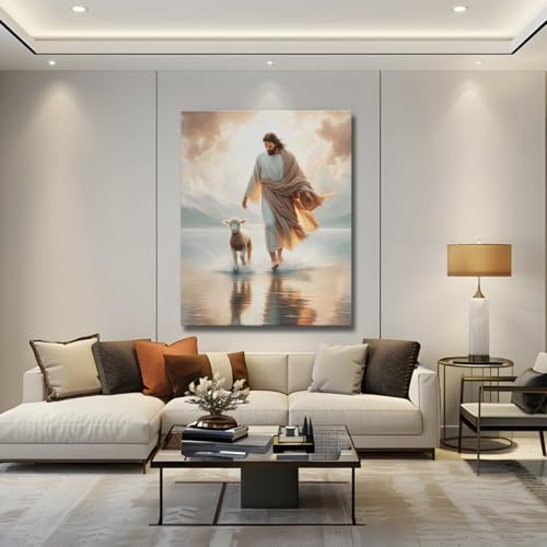 Quadro Canvas 100x80cm Jesus Cristo E O Cordeiro Na Praia
