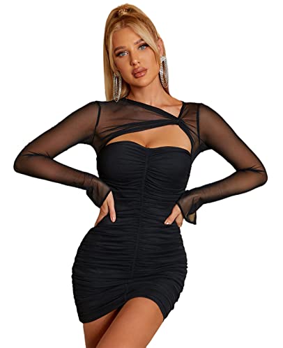 HTZMO Women's Long Sleeve Cut Out Mini Dress Sheer Mesh Ruched Bodycon Sexy Party Dresses