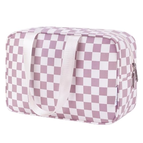 Neceser grande de tamaño completo, neceser organizador de maquillaje de viaje para mujer (tablero de ajedrez rosa polvorienta)