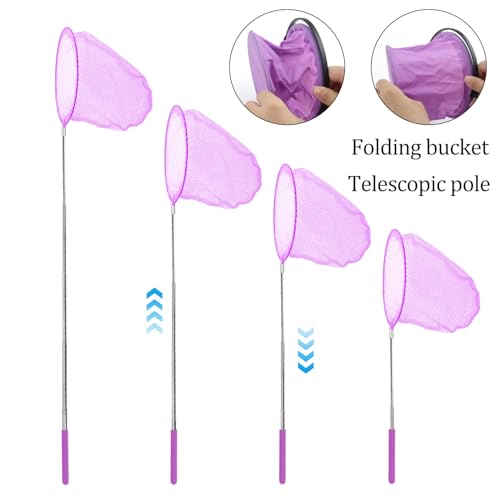 XIAQICA Schmetterlingsnetz Teleskop Kescher Kinder with Faltbarer Eimer Kächersieb Kinder Käscher für Fischernetz Teichnetz Ausziehbar Kleinen Fischen Outdoor Strand Garten (Lila)