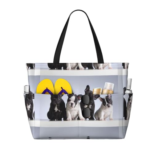 Sac de plage bouledogue français : grand cabas femme spacieux pour éviter les sacs surchargés