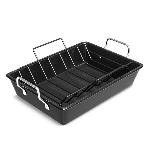 HomeCurated Large Roasting Pan With Rack 17'' x 12'' - Heavy Duty Carbon Steel Nonstick Roaster Pan...