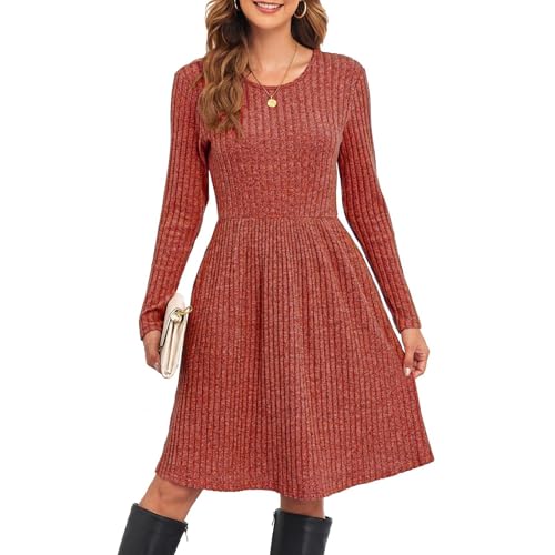 Womens Church Dresses Long Sleeve Loose Casual Knit Textured Fall Dress Winter Crew Neck Short Tunic Dresses