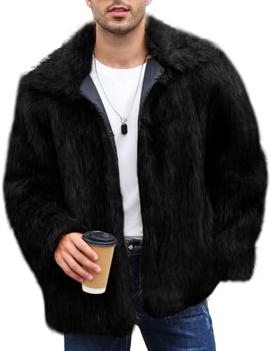 Flygo Mens Faux Fur Coat Winter Jackets Fluffy Lapel Long Sleeve Furry Fur Jacket Coats Thick Outerwear(Black-XXL)