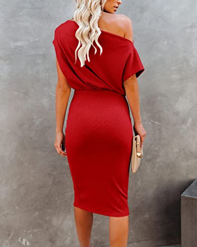 Image of EZBELLE Women's Summer Dress Off The Shoulder Short Sleeve Ribbed Casual Party Bodycon Midi Dresses