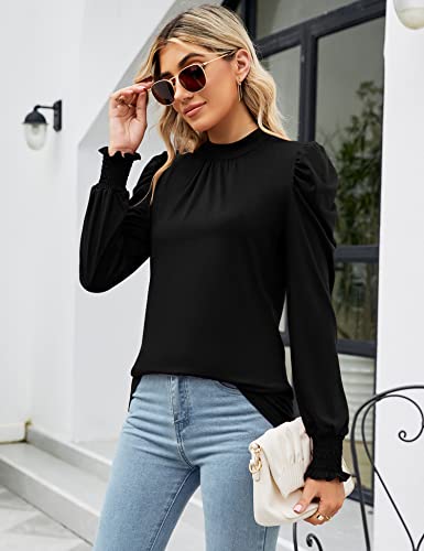 LUYAA Puff Long Sleeve Shirts for Women Tops Dressy Casual Frill Mock Neck Smocked Cuffs Blouses2