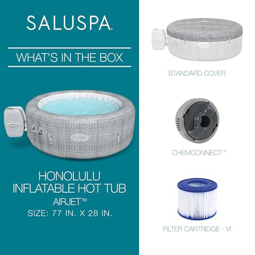 Bestway 4-6 Person SaluSpa Honolulu AirJet Inflatable Hot Tub Spa, 77" x 28" Round Portable Spa with 140 Soothing Jets and Insulated Cover