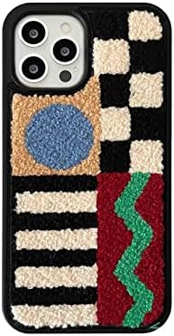 Tewwsdi Retro Embroidery Checkered Phone Case Compatible for iPhone 13 Pro Max 6.7inch Tufting Towel Fabric Winter Aesthetic Fuzzy Plush Shockproof Case(Geometric Checkered)