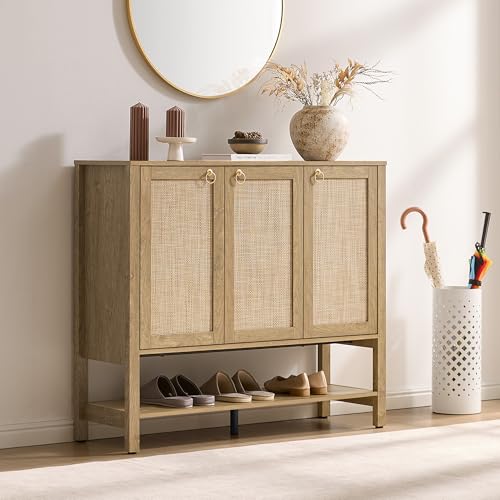 Image of SICOTAS Rattan Shoe Cabinet Storage for Entryway - 30 Pairs Boho Shoe Storage Organizer with Adjustable Shelves & 3 Doors, Tall Shoe Rack Cabinet for Hallway, Living Room (Carbon Cherry)