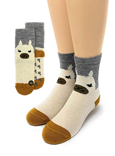 Warrior Alpaca Socks - Alpaca Wool Happy Family Alpaca Face Socks (Grey/Ivory/Gold, Kids US Shoe Size 2-5)