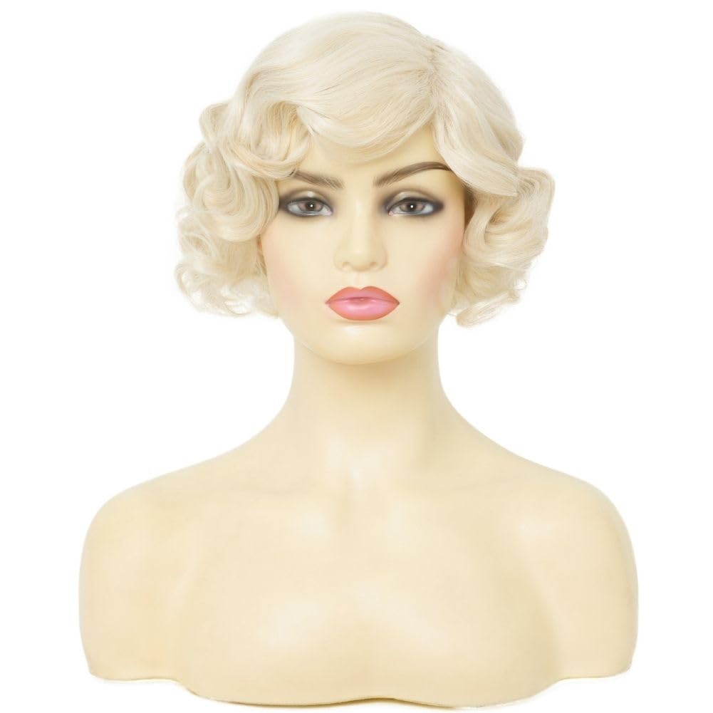 Salaibs Blonde Short Curly Wigs for Women 1920s Figer Wave Wig Synthetic Heat Resistant Fiber Cosplay Costume Halloween Hair Wig - Image 2