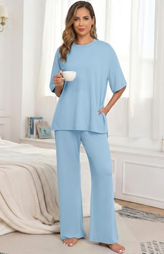 Image of PrinStory Womens Pajamas Sets 2 Piece Lounge Set Short Sleeve Tops and Long Pants Soft Pjs Loungewear with Pockets