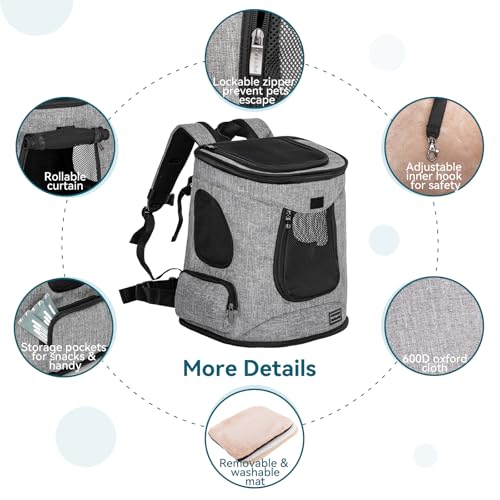 Petsfit Hunderucksack & Katzenrucksack für große Katzen bis 5kg - Leichter Katzen Rucksack mit Netzfenster, Brustgurt & Polster - Atmungsaktiver Rucksack für kleine Hunde, Grau