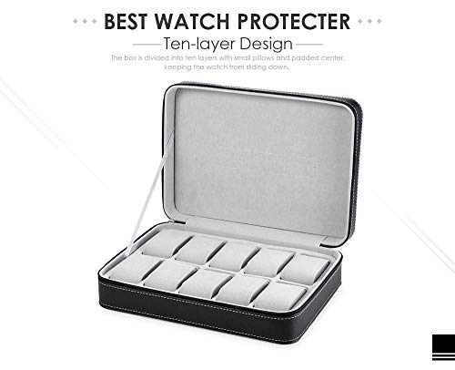 Image of House of Quirk 10 Grids PU Leather Travel Watch Storage Case Zipper Wristwatch Box Organizer - Black