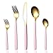 Produktbild HOMQUEN 30-Stück Edelstahl Besteck Set,Set für 6 Personen, Spiegeln Sie Ende, Spülmaschinenfest (Goldener Löffel und Rosa Griff)