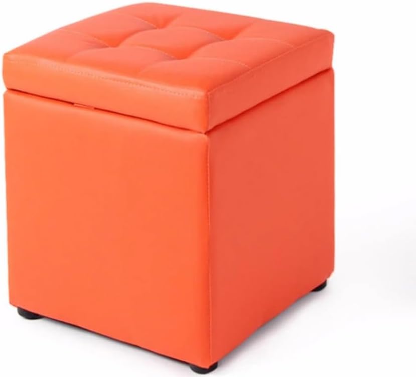 Bonded Leather Square Cube Storage Ottoman,12x12x14inch,Upholstered Foot Rest Stool with Hinged Lid,Faux Leather Footrest Ottoman Thicken Foam Padded Seat (Orange)