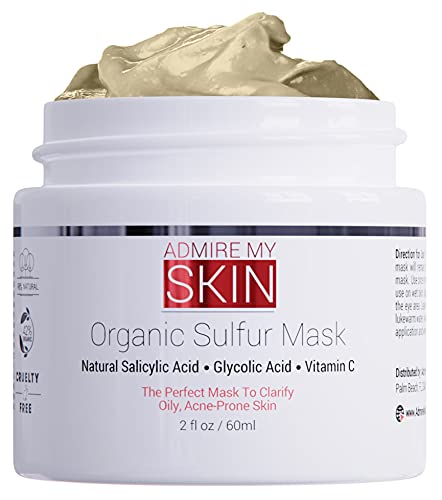 Organic Sulfur Mask Detox Mask – Salicylic Acid Skin Care Face Mask Also Contains Glycolic Acid + Vitamin C Clarifying Anti Acne Beauty Face Mask – Extremely Effective for Oily Acne Prone Skin 2oz