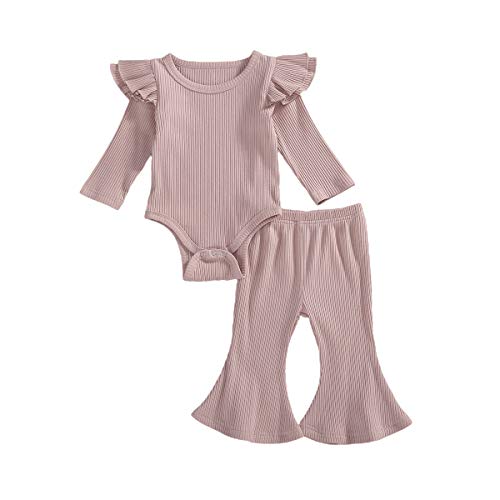 Image of Yingyingni Newborn Baby Girl Clothes Long Sleeve Bodysuit Tops+Flared Trousers Pant Set Cute Bell Bottom Outfit 2Pcs
