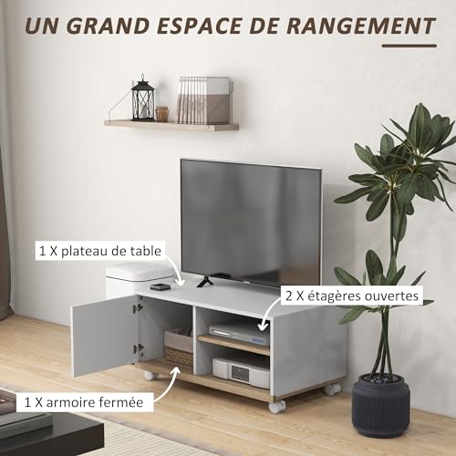 Meuble TV 80 cm sur roulettes avec passe-fils HOMCOM