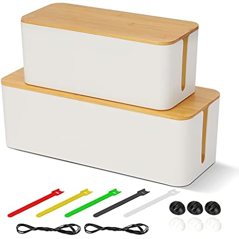 Cable Tidy Box, Set of 2 Cable Management Box with Bamboo Lid, Cord Storage Organizer Box for Hiding Messy Cables Wire and Power Strips Cover