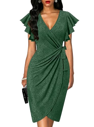Image of oten Womens Deep V Neck Ruffle Sleeve Sheath Casual Cocktail Party Work Faux Wrap Dress