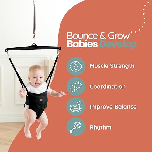 Image of Jolly Jumper Classic with Stand - Black | ORIGINAL Baby Jumper, Indoor and Outdoor Exercise Saddle Seat, Adjustable Height, for Infants up to 28lbs