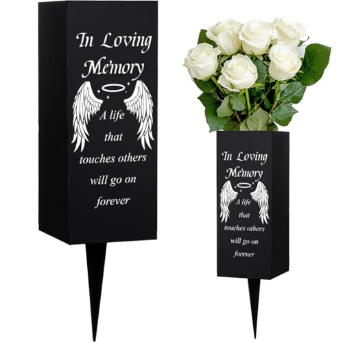 WEBEEDY Cemetery Vases with Spikes Metal Memorial Vases Angel Wings and Rings Black Grave Flower Holder with Drainage Holes Graveyard Grave Ornaments for Loss of Loved One, Funeral, 8x20 cm