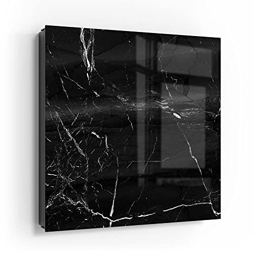 DEQORI Schlüsselkasten schwarz | 30x30 cm | Motiv Marmoradern im Detail | Glas & Metall Schlüssel-Box | Schlüsselschrank mit 50 Haken + 2 Magnete | Moderne Box magnetisch & beschreibbar