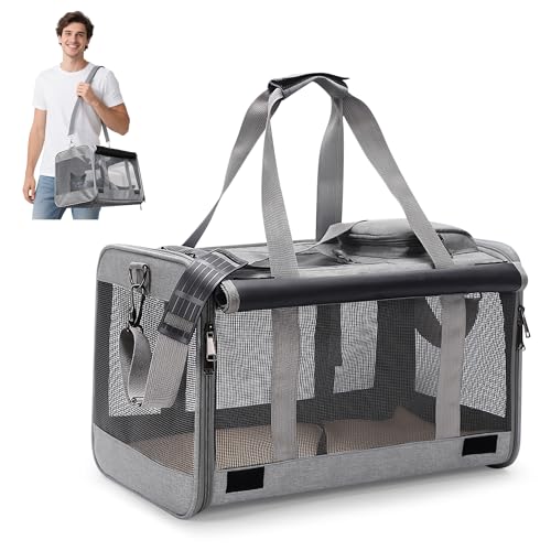 ALLSOPETS Trasportino Pieghevole per Gatti e Cani Fino a 9 kg, Borsa Morbida Traspirante con Tappetino Lavabile e Tracolla, per Viaggi Auto Aereo e Visite Veterinarie (Grigio Ghiaccio)