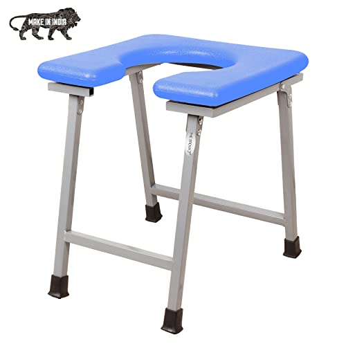 Image of Premium Folding Powder Coated Metal Steel Shower Bathing Room Mobile Commode Stool Indian Toilet Seat for Elderly Disabled man and Pregant Women Support Safe Chair Anti Slip (Blue)