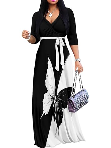 Image of PinkPatty Plus Size Maxi Dresses for Women Casual Flowy Long Dress 3 /4 Sleeve V Neck Wrap Dress with Belt