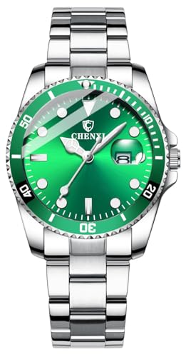 MASTOP Women's Classic Fashion Silver Stainless Steel Watches Waterproof Date Luminous Lady Dress Wrist Watch (Green)