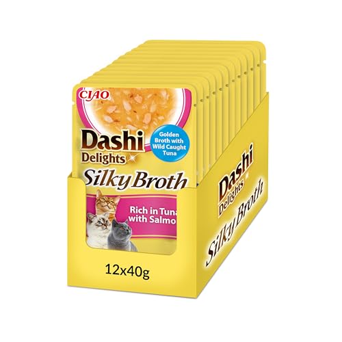 INABA Dashi Delights Silky Broth, Caldo para Gatos de Atún y Vieira, Comida Húmeda Rica en Proteínas, Ingredientes Naturales, Snack Húmedo para Gatos, Sopa para Gatos, 12 Sobres x 40 g