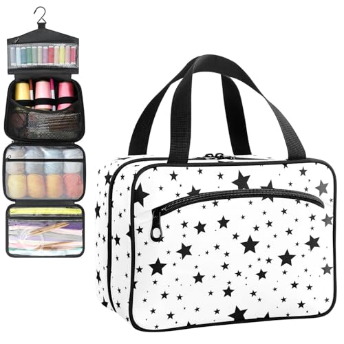 YNNALE Sewing Supply Organizer Bag, Black and White Stars Pattern Portable Sewing Bags with Pockets&Hanger, Sewing Storage Box Case for Sew Supplies/Kit/Tools/Accessories (BAG ONLY)