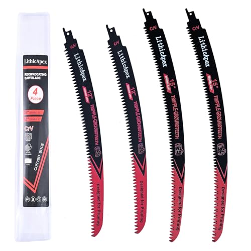 Arc Edge Reciprocating Saw Blade Set, CRV Steel Sharp Japanese Teeth Wood Cutting & Pruning Blades, 12x2 & 15x2 4-Pack for Sawzall, Tree Trimming, Logging, Heavy-Duty Woodwork & Storm Cleanup