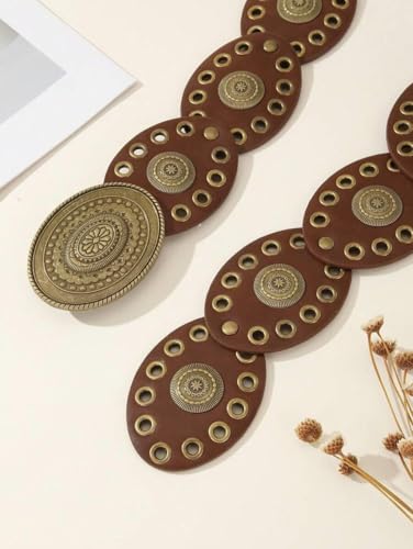 Vintage Western Leather Belt for Women - Wide Cowgirl Waist Belt with Concho Buckle - Boho Style Belt for Jeans & Dress 7