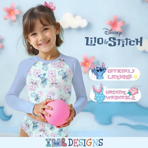 Image of Disney Lilo & Stitch Girls 2-Piece Swimsuit Set, Long-Sleeved Rash Guard and Bikini Bottoms, Quick-Drying Swimwear for Kids