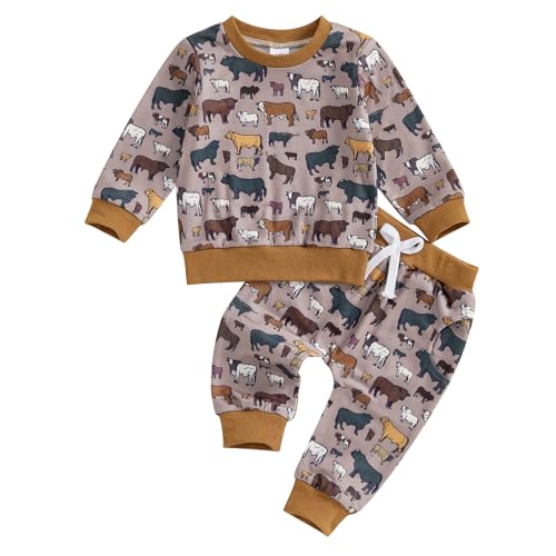 DSOKUHIB Toddler Baby Boy Fall Winter Outfit Cow Print Long Sleeve Sweatshirt Casual Pants Sweatpants Set Western Clothes (Khaki, 6-12 Months)