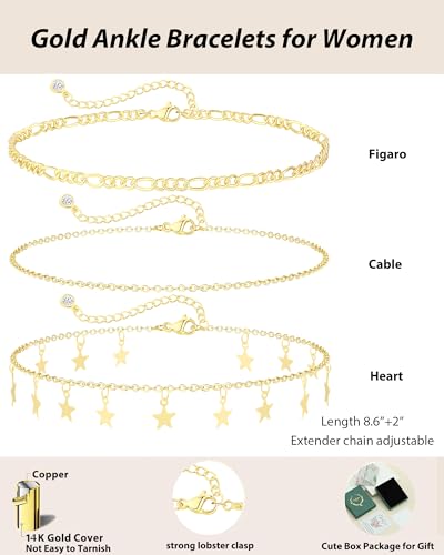 Image of ZHESHY Gold Silver Ankle Bracelets for Women 14K Gold Plated Anklets for Women Waterproof Cuban Link Heart Chain Anklets Set Non Tarnish Dainty Layered Anklet Bracelets for Women Summer Beach Jewelry
