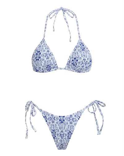 Image of Women's Triangle Bikini Set String Swimsuit Print Tie Smocked Ruched Two Piece Bathing Suit