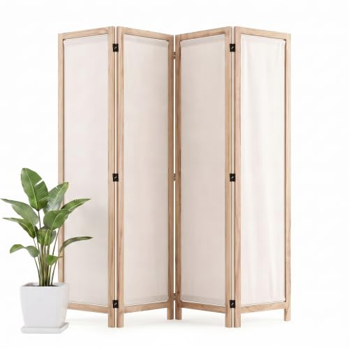 Wood Room Divider Panel with Linen Fabric, Boho Folding Privacy Screen 67"