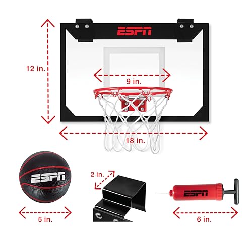 ESPN Mini Basketball Hoop, Over The Door Basketball Hoop with Foldable Breakaway Rim, Includes 2 Mini Basketballs and Pump