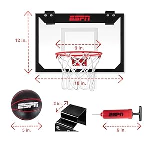 ESPN Mini Basketball Hoop, Over The Door Basketball Hoop with Foldable Breakaway Rim, Includes 2 Mini Basketballs and Pump ESPN Mini Basketball Hoop Over The Door Basketball Hoop with Foldable Breakaway Rim Includes 2 Mini Basketballs and Pump