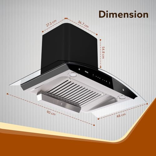 Image of AGARO Grand Kitchen Chimney 90 cm 1200 m3 /hr Auto-Clean curved glass Kitchen Hood, SS Baffle Filter, Touch and Motion Sensor Control and Digital Display, Black