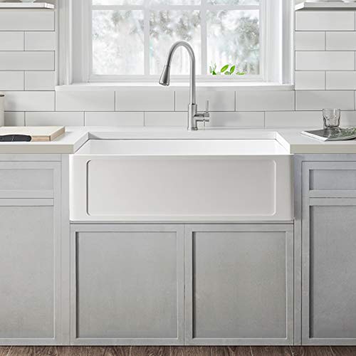 Ancona Holbrook 33" Pure Acrylic Stone Single Bowl Farmhouse Kitchen Sink With Grid And Strainer In White An-3355 #TOP2